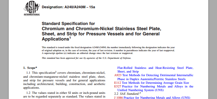astm美標標準(zhǔn)A240/A240M-15a